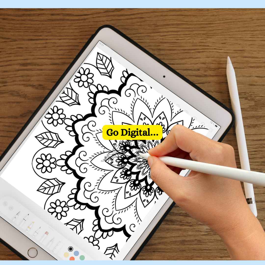 Person using a stylus to draw on a digital tablet with mandala design and 'Go Digital' text.