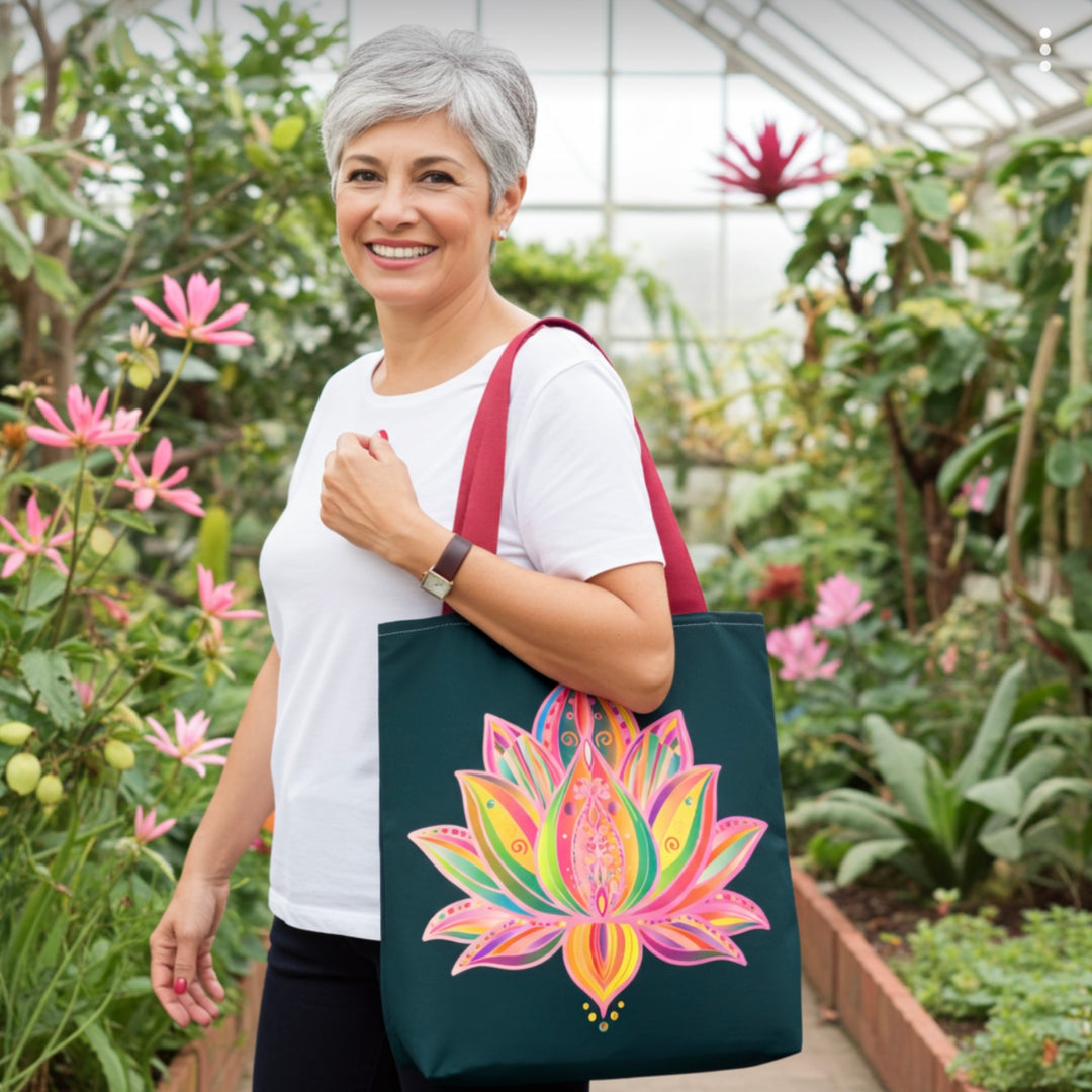 Lotus Blossom Energy Tote – Deep Green Canvas with Artistic Print