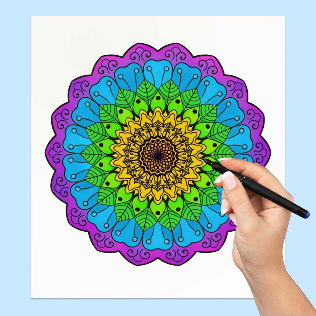 Colorful mandala being colored with a pen on a white sheet against a blue background