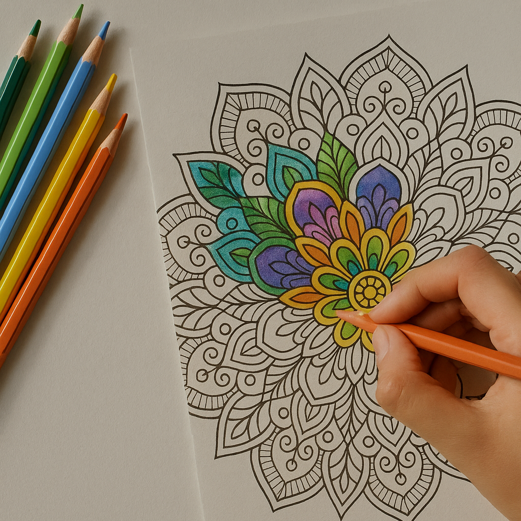 Coloring book with mandala design and colored pencils on a gray background