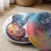 Dark blue #002A5C cat round floor pillow with double-exposure Cozy Winter Cute Cat design, lifestyle close-up shot showing a curled silhouette and two worlds (warm interior and snowy night), vibrant colors, textured tufted surface
