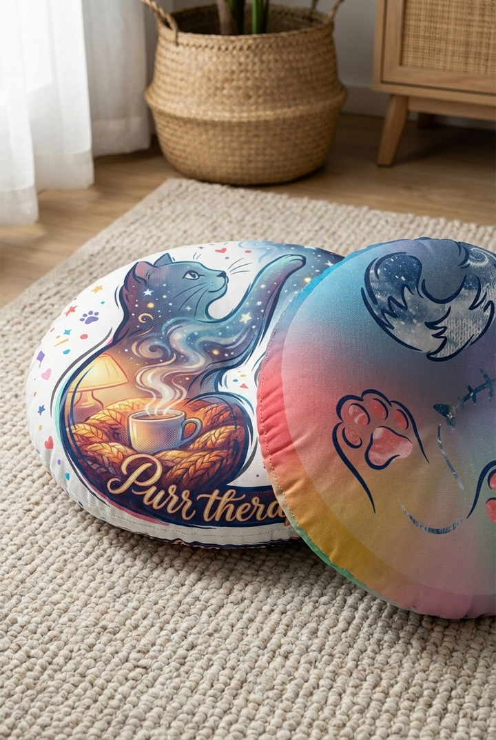 Dark blue #002A5C cat round floor pillow with double-exposure Cozy Winter Cute Cat design, lifestyle close-up shot showing a curled silhouette and two worlds (warm interior and snowy night), vibrant colors, textured tufted surface