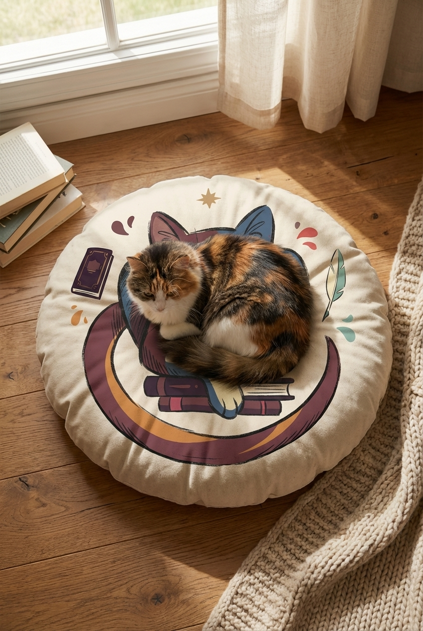 Round floor pillow featuring a Winter Cozy Dark Academia cat design in plum, gold, and coral hues; lifestyle close-up in a cozy study nook with books and quill, showcasing a cat-friendly, comfortable seating accessory.