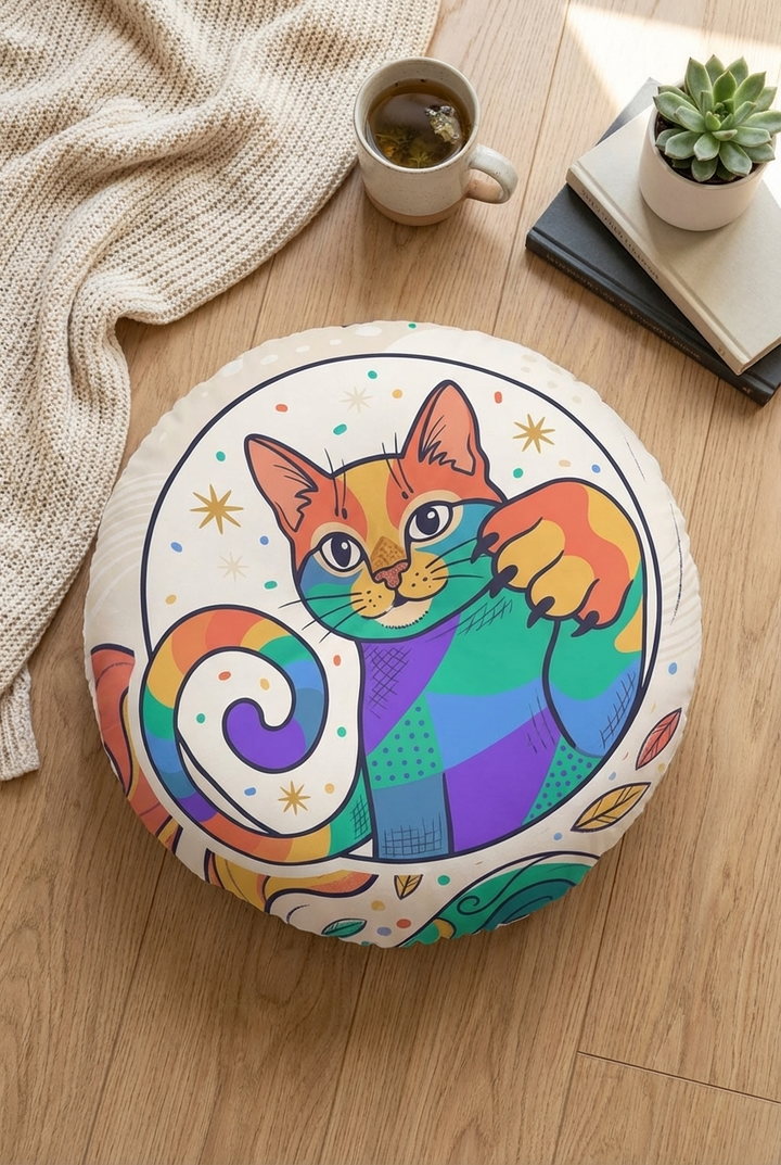 New Year cozy cat floor pillow in pink, yellow, mint, and blue tones; round tufted cushion with boho-line art cat design, lifestyle shot near a sofa and small table, January 1, 2026 celebration theme, close-up view of fabric and stitching