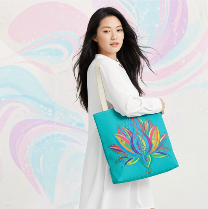 Sky Lotus Tote Bag - Azure Blue Floral Shoulder Bag for Women