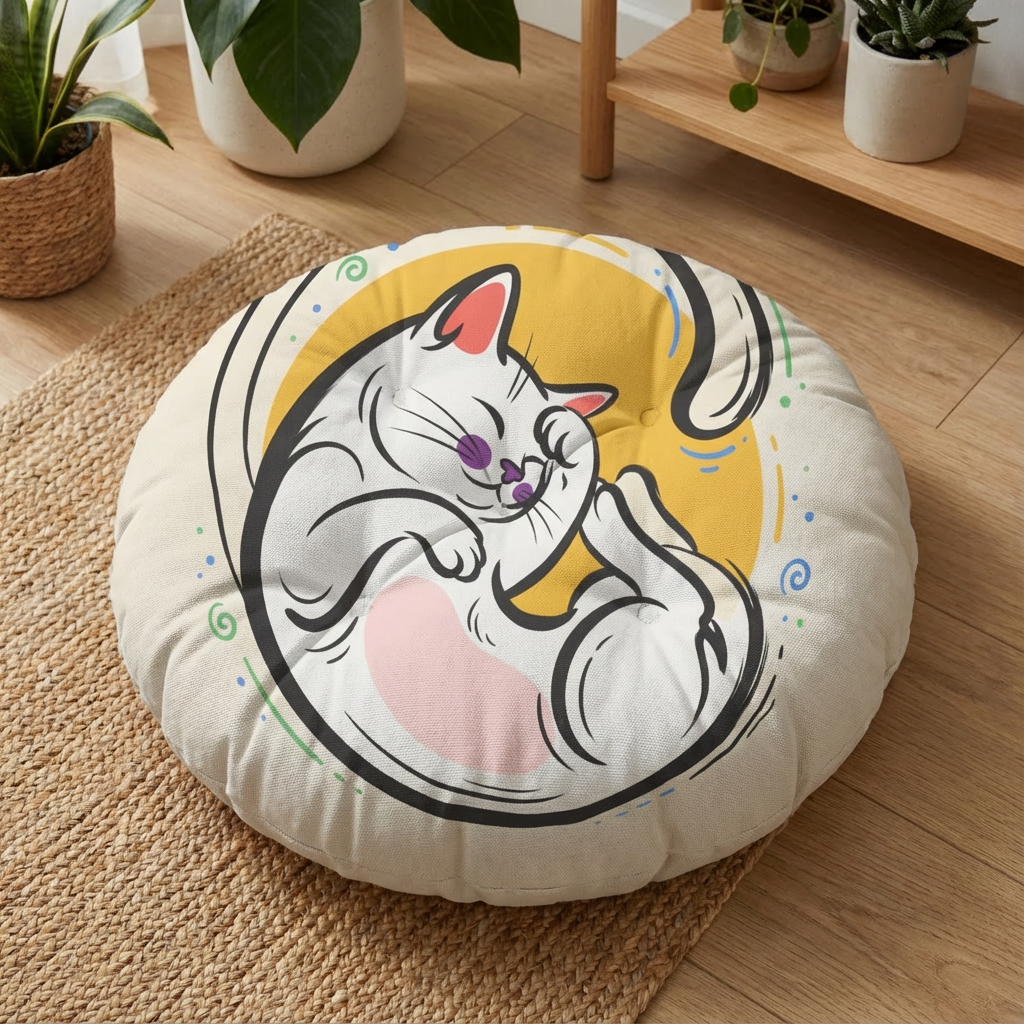 Pinkish red round floor pillow with crescent cat line art in a cozy living room lifestyle setting; vibrant colors and soft textures, 26 or 30 inch size, lifestyle product photo.