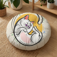 Pinkish red round floor pillow with crescent cat line art in a cozy living room lifestyle setting; vibrant colors and soft textures, 26 or 30 inch size, lifestyle product photo.