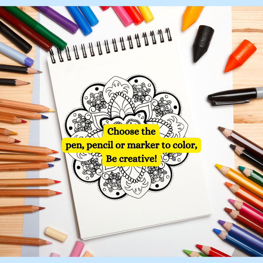Coloring book with mandala design surrounded by colored pencils and markers on a white background.