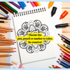 Coloring book with mandala design surrounded by colored pencils and markers on a white background.