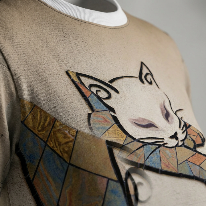 Navy-blue t-shirt featuring the Introvert Mosaic Cat design in mosaic style; lifestyle studio shot highlighting the cropped crescent-shaped cat made of tessellated tiles, with a soft, relaxed vibe.