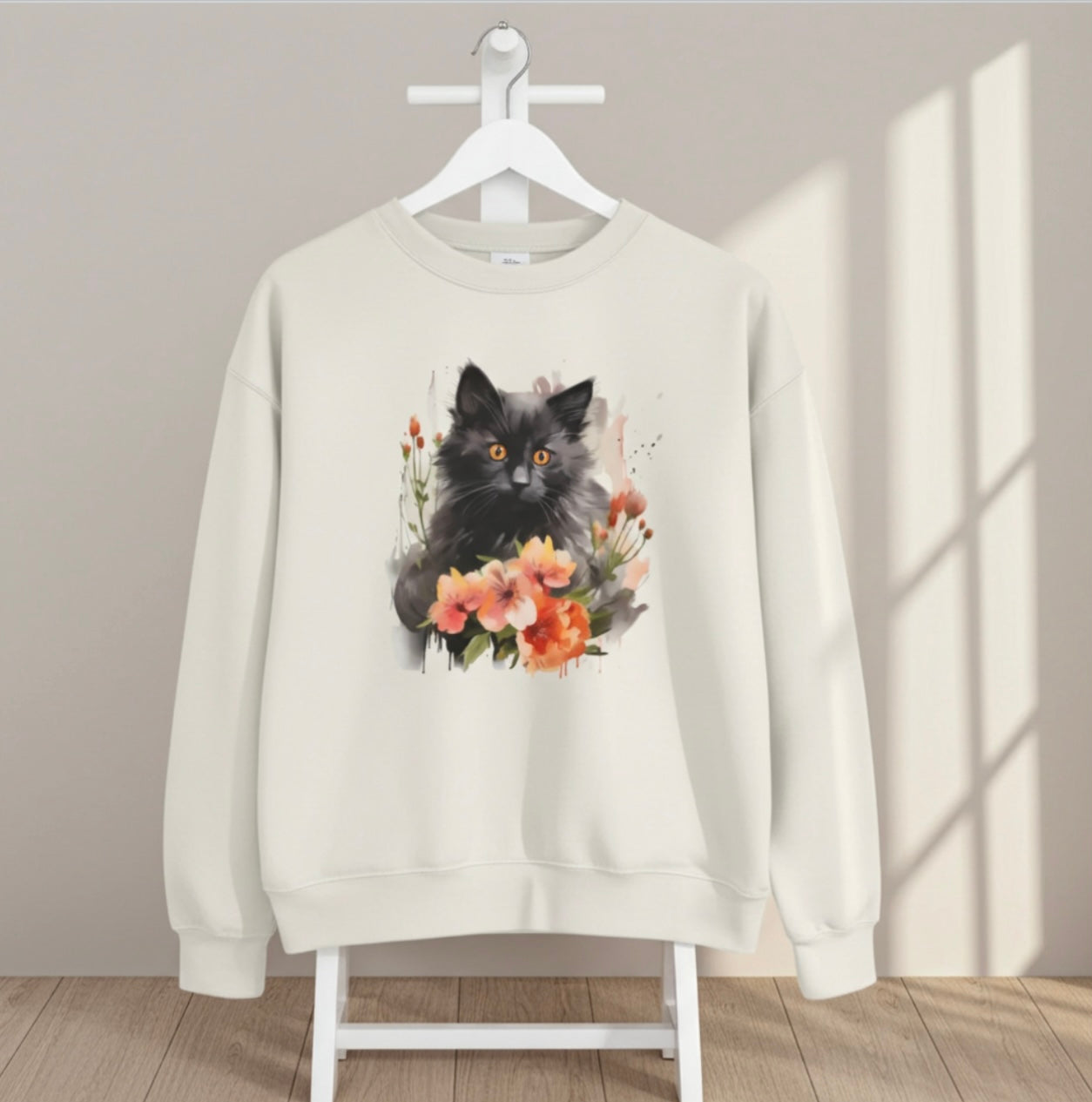 Black Cat and Blossoming Flowers Soft Cotton Sweatshirt