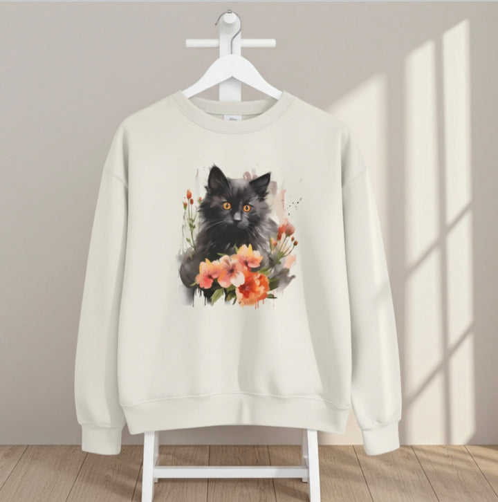 Black Cat and Blossoming Flowers Soft Cotton Sweatshirt