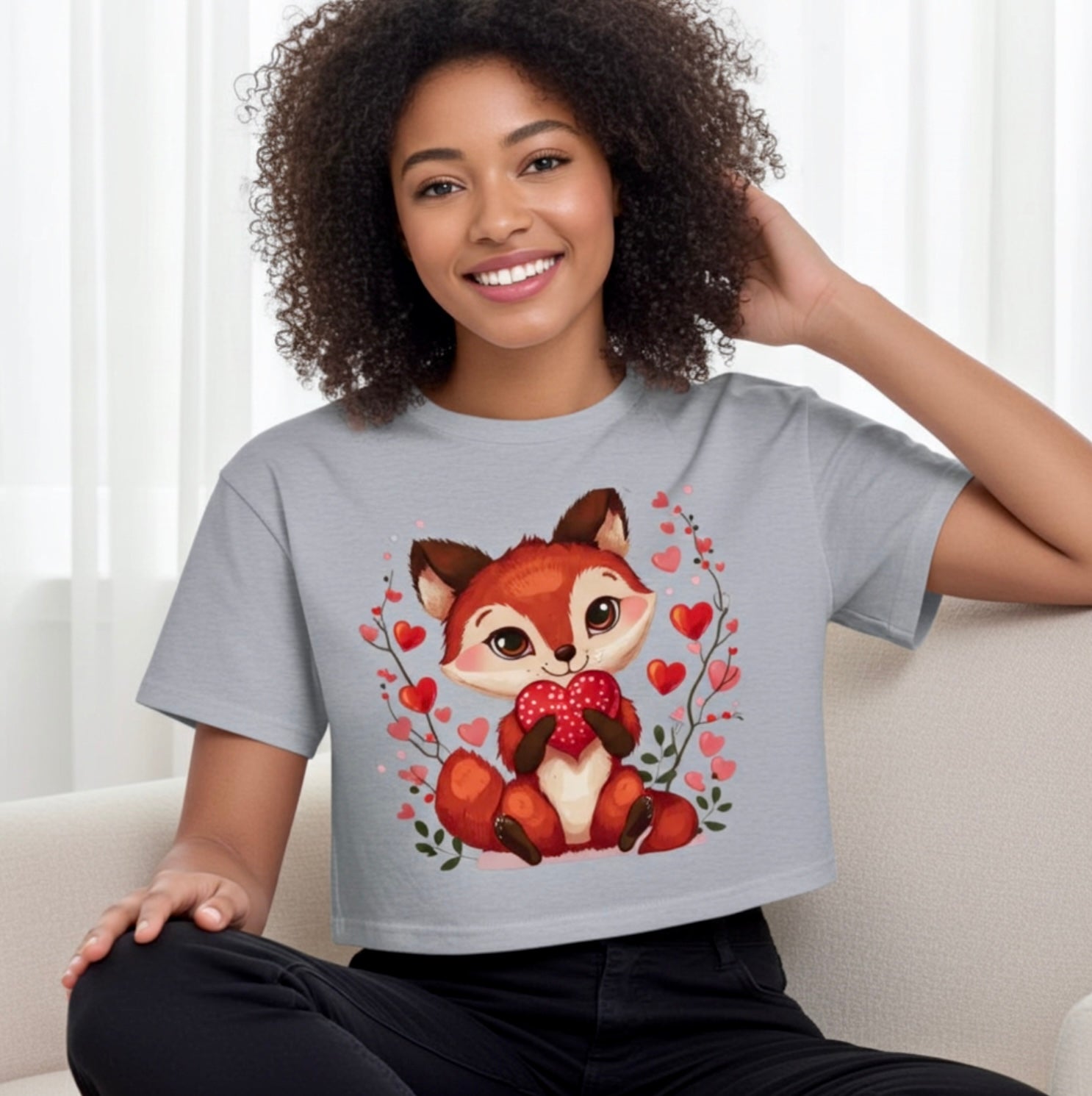 Cute Fox Heart Crop Top – White Cotton Graphic Tee