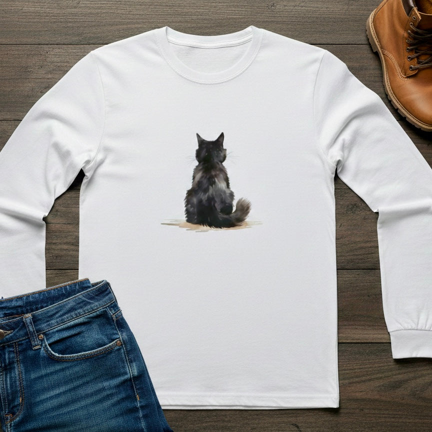 Maglietta a maniche lunghe con silhouette di gatto nero in acquerello, in tonalit√† tenui