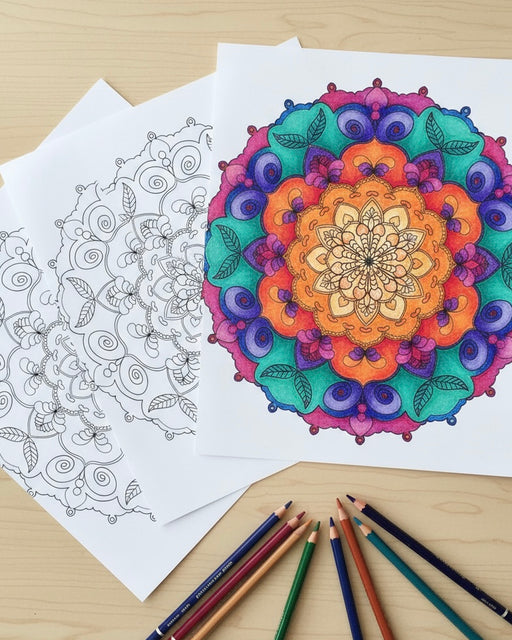 Colorful mandala drawing on paper with coloring pencils on a wooden surface