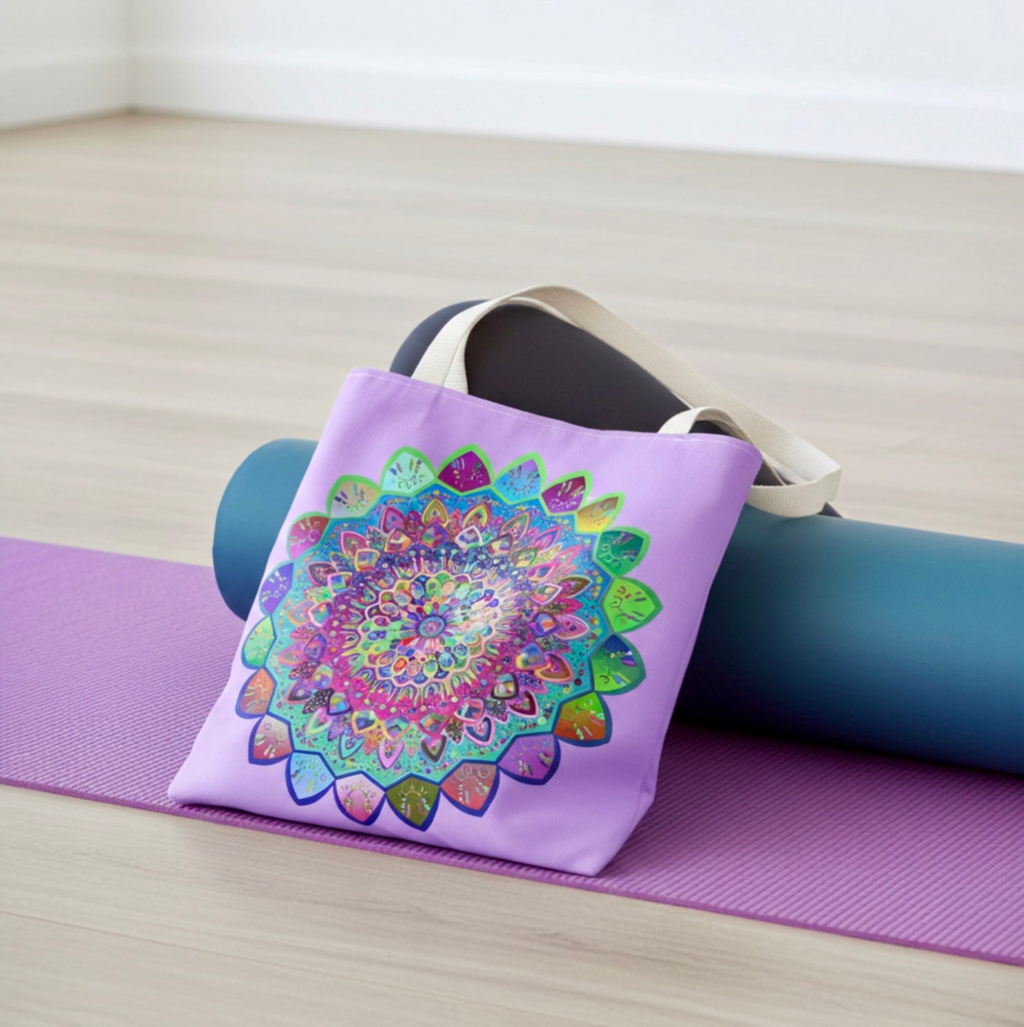 Sunburst Mandala Tote – Farbexplosion auf Leinwand