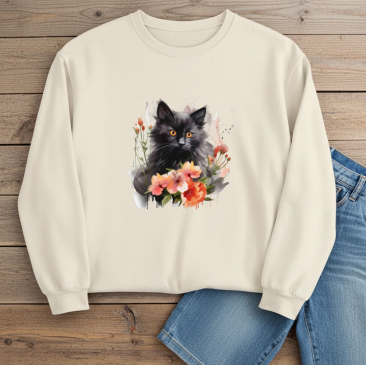 Black Cat and Blossoming Flowers Soft Cotton Sweatshirt