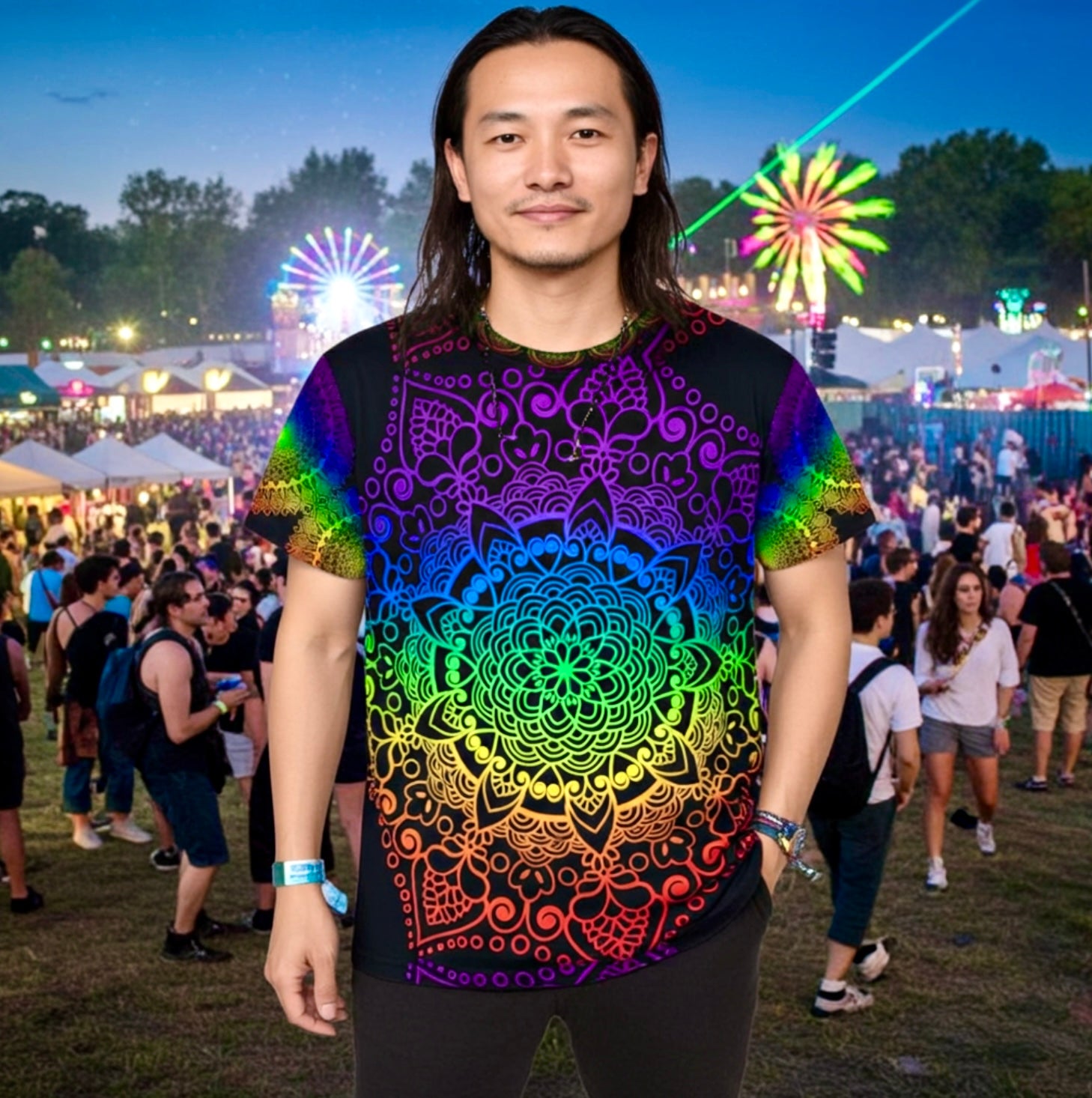 Festival Rainbow Mandala Tee – Schwarzes Kurzarmshirt