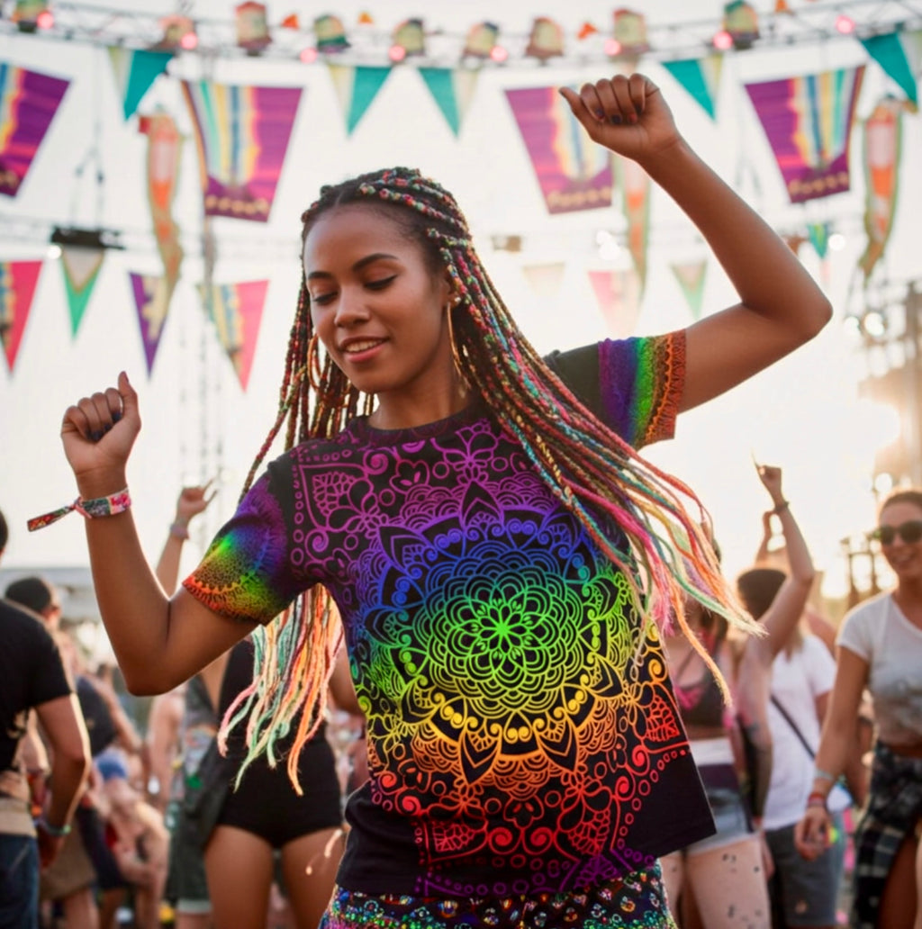 Festival Rainbow Mandala Tee – Schwarzes Kurzarmshirt