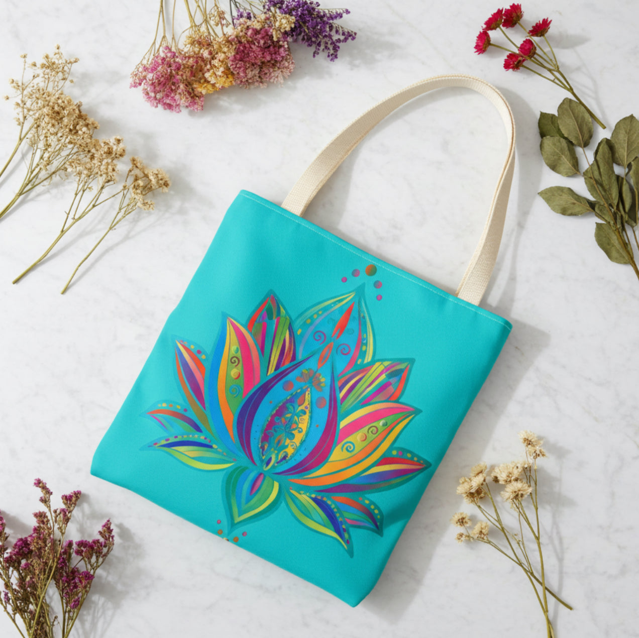 Sky Lotus Tote Bag - Azure Blue Floral Shoulder Bag for Women