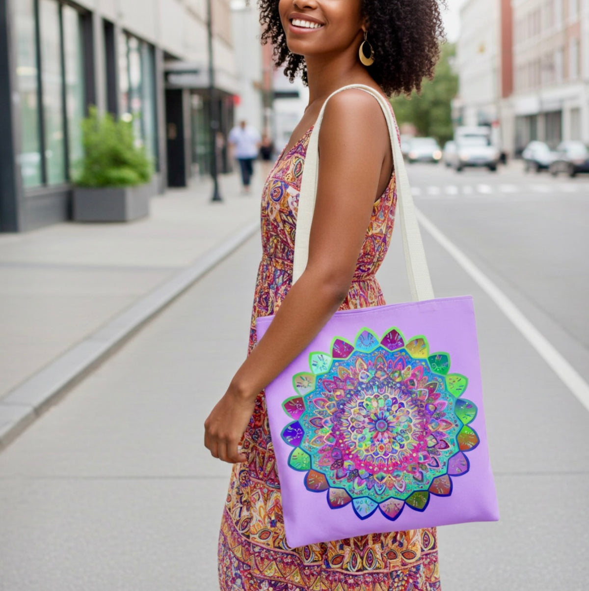 Sunburst Mandala Tote – Color Explosion on Canvas