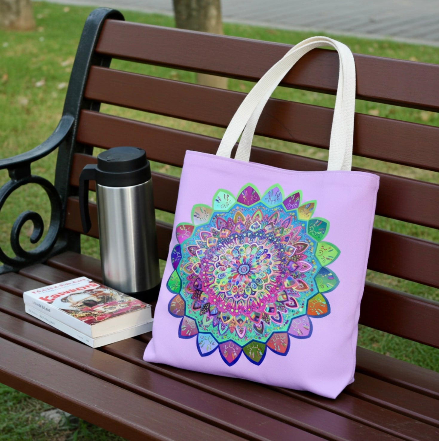 Sunburst Mandala Tote – Farbexplosion auf Leinwand