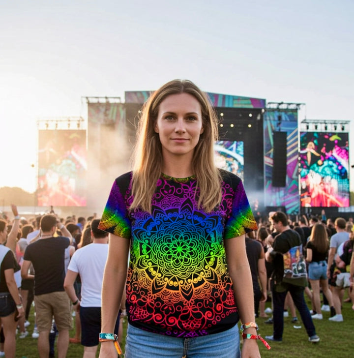 Festival Rainbow Mandala Tee – Black Short Sleeve Shirt
