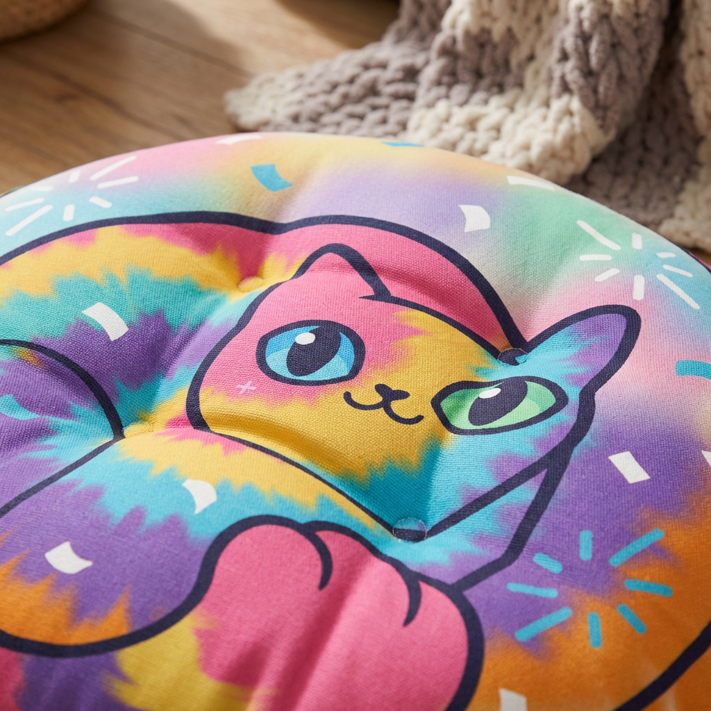 Round floor pillow with pink, yellow, and blue tie-dye colors featuring a curled cat design; Cozy New Year’s Eve Tie-Dye illustration; lifestyle setting in a cozy living room, showcasing the pillow as a comfortable, decorative accent.