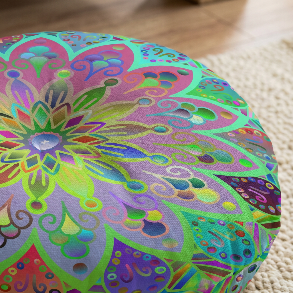 Lifestyle close-up of a mandala art floor pillow with turquoise background, showing vibrant colors and hand-drawn details