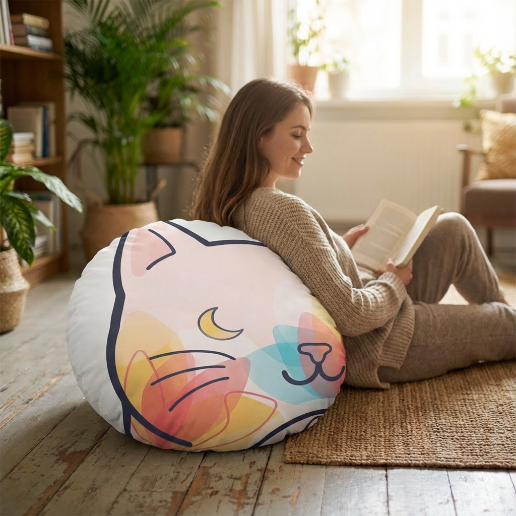 Round floor pillow in pink tones with a double-exposure cat silhouette, depicting cozy playful companionship in a lifestyle room scene.