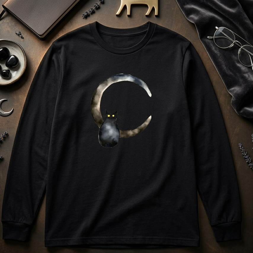 Black long-sleeve shirt with a cat and moon design on a rustic surface with decorative items.