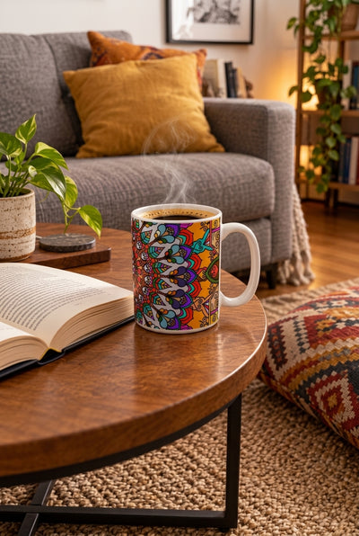 Keramiktasse im Mandala-Design mit bunten geometrischen Mustern