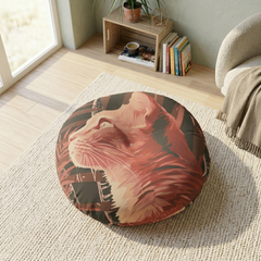Round decorative pillow with a floral pattern and a ginger cat on a rug in a room with a window and books.