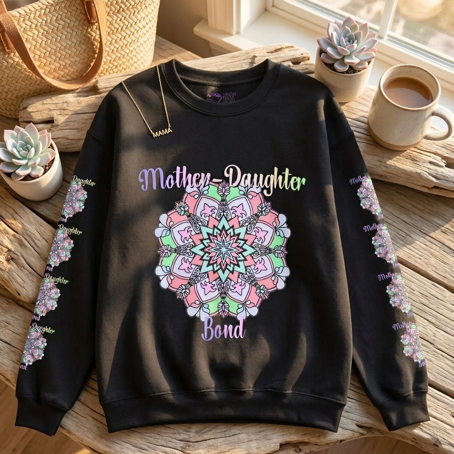 Black sweatshirt with 'Mother-Daughter Bond' design on a wooden surface with decor items.