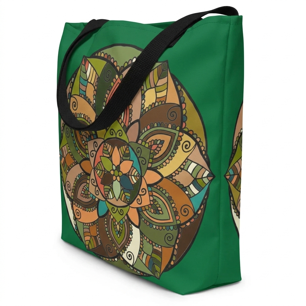 Boho Mandala Tote Bag — Green Floral Pattern AOP Shopper