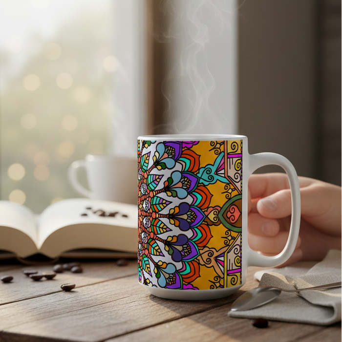 Mandala Design Ceramic Mug with Colorful Geometric Patterns
