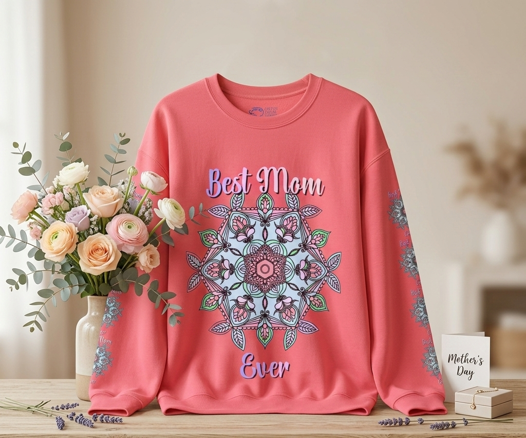 Pink sweatshirt with 'Best Mom Ever' design on a wooden surface with flowers and a card.