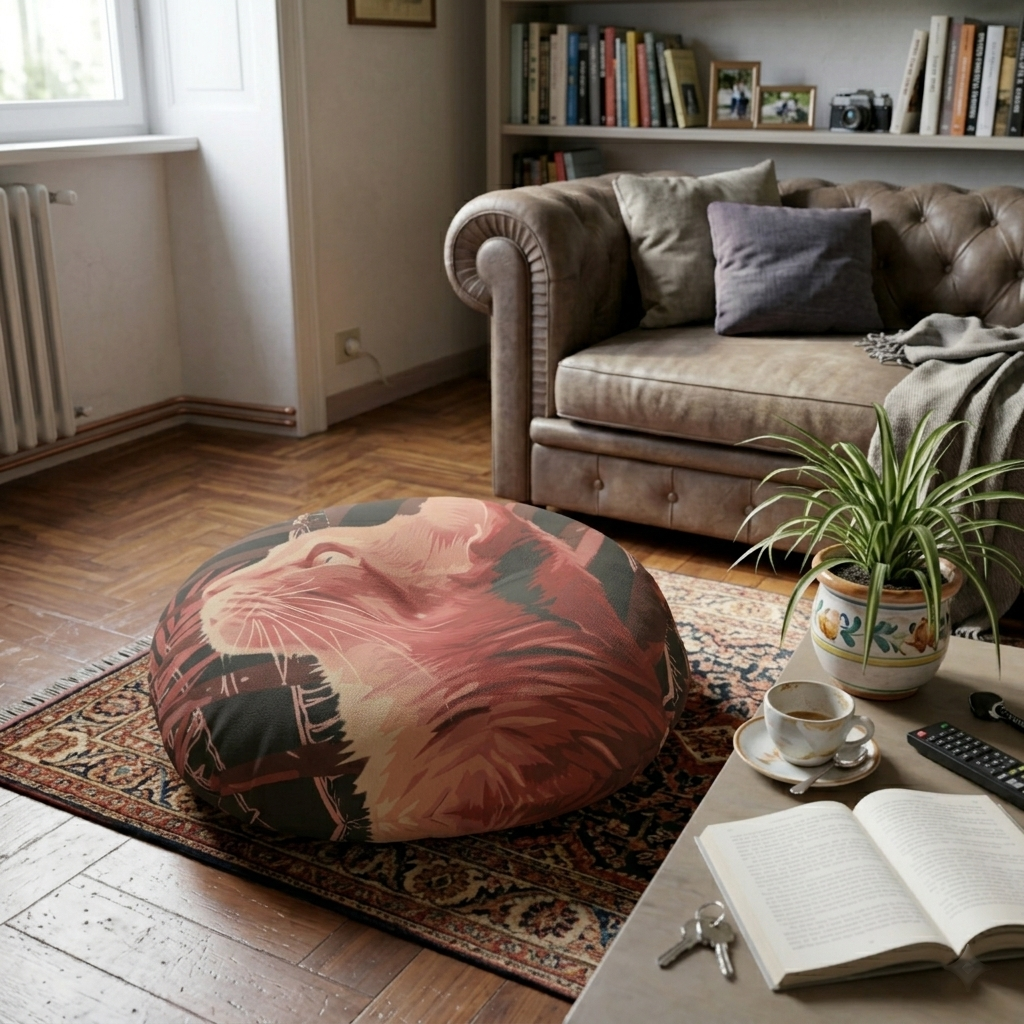 Pink Cat Mandala Floor Cushion with Exotic Palm Background