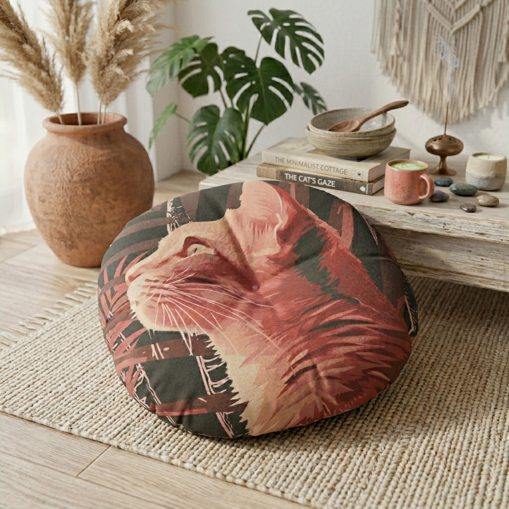 Pink Cat Mandala Floor Cushion with Exotic Palm Background