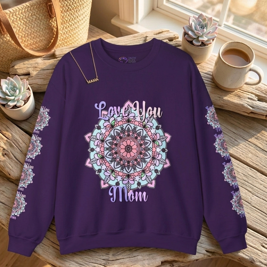 Purple sweatshirt with floral design and 'Love You Mom' text on a wooden surface with decor items.