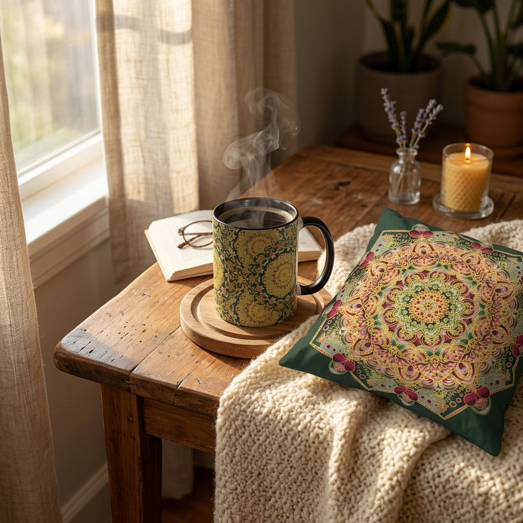 Cozy Morning Ritual Bundle – Boho-Chic & Mystical Art Mug and Pillowcase