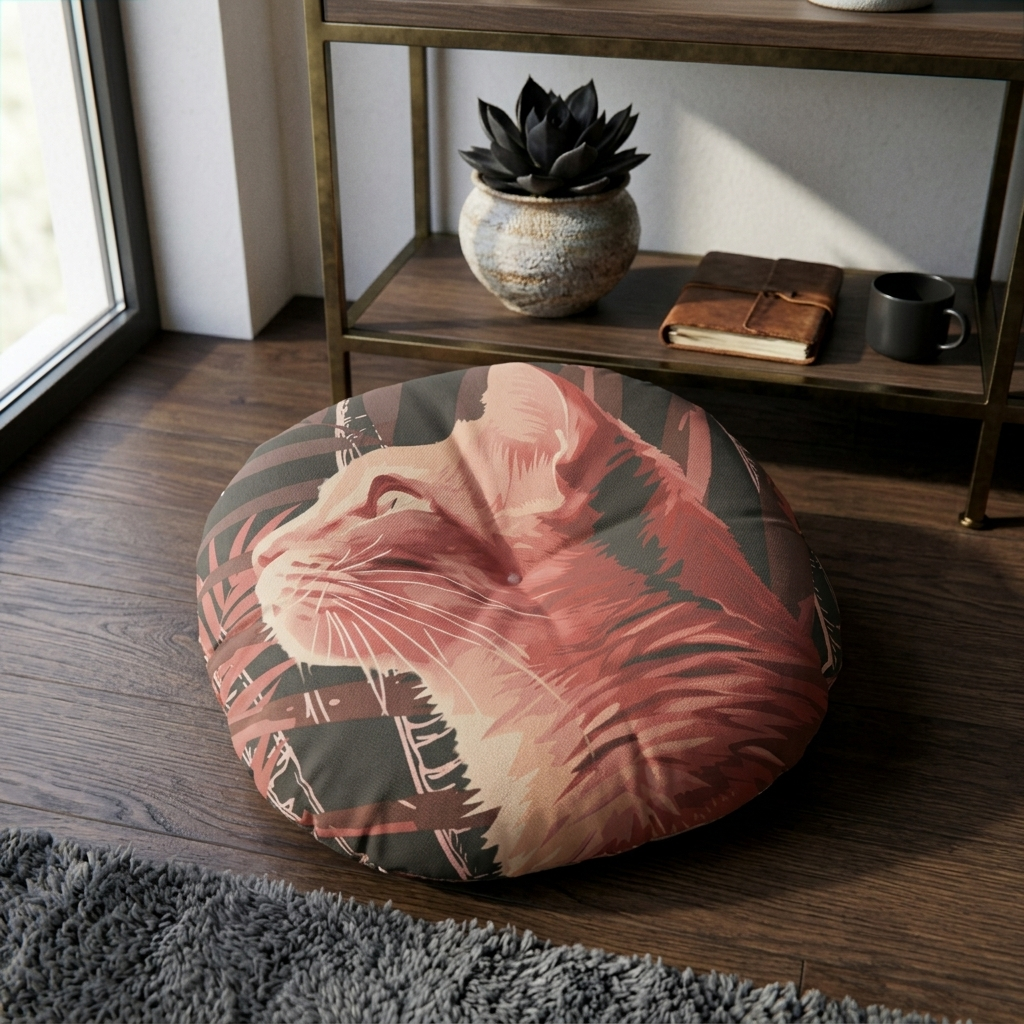 Pink Cat Mandala Floor Cushion with Exotic Palm Background