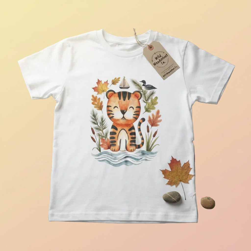 A white short-sleeve T-shirt laid flat on a rustic wooden surface, featuring a colorful front graphic of a cartoon tiger surrounded by autumn leaves, birds, and water. A small hangtag is attached at the collar, and decorative props including a wooden sailboat, pinecone, stones, and a feather are arranged around the shirt.
