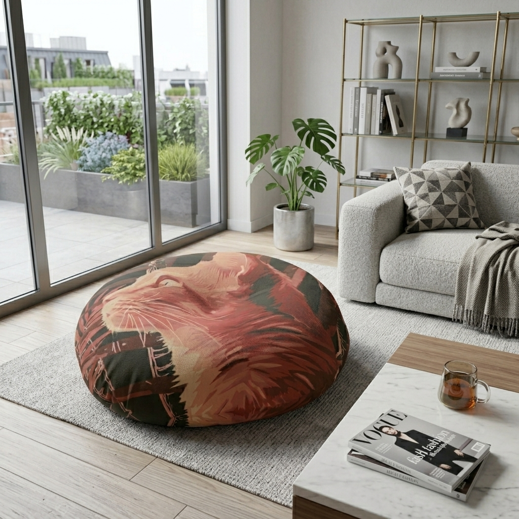 Pink Cat Mandala Floor Cushion with Exotic Palm Background