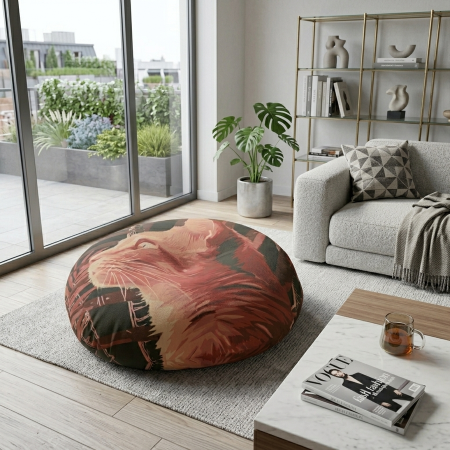 Pink Cat Mandala Floor Cushion with Exotic Palm Background