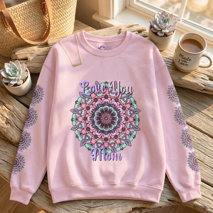 Pink sweatshirt with mandala design and text 'Love You Mom' on a wooden surface with decor items.