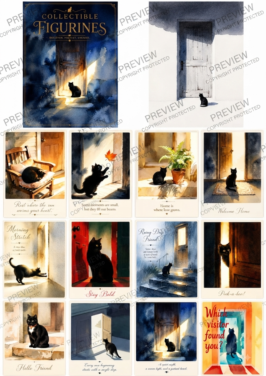 Black Cat Door Collectible Art Cards – Digital Download (PDF)
