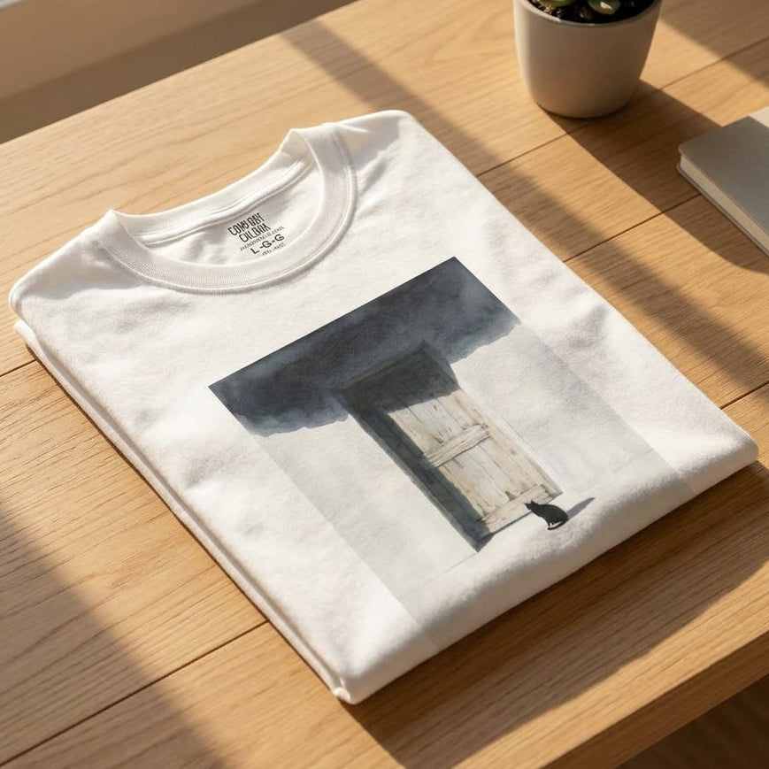 Minimal art tee with a cat waiting at the door