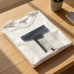 A folded white crewneck t-shirt with a black and gray graphic print of a rustic wooden door under a shadow, displayed on a light wood table next to a small potted succulent.