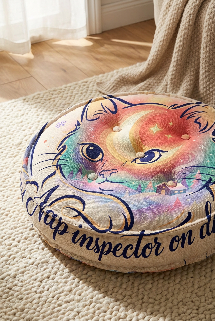 Close-up of a round tufted cat floor pillow in deep blue (#1B1464) and warm accent colors featuring a midwinter cozy cat nap design; lifestyle setting with soft lighting, showcasing vibrant, high-contrast cat motif and cozy textures